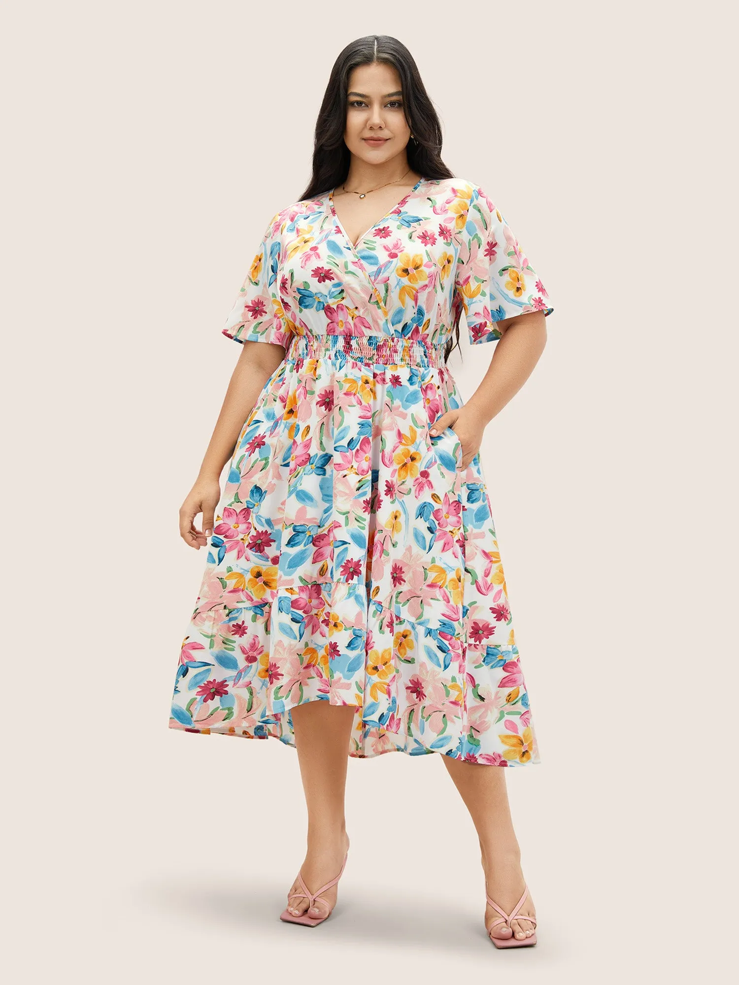 Floral Overlap Collar Shirred Ruffle Sleeve Dress sold by Bloomchic product image thumbnail 3