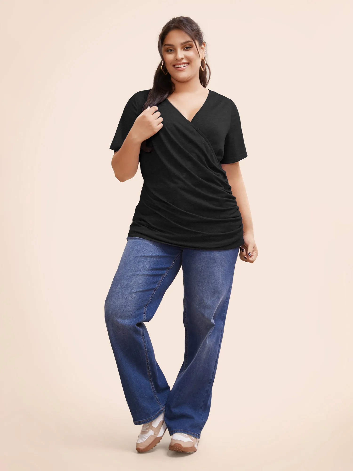 Solid Heather Overlap Collar Gathered T-shirt sold by Bloomchic product image thumbnail 2