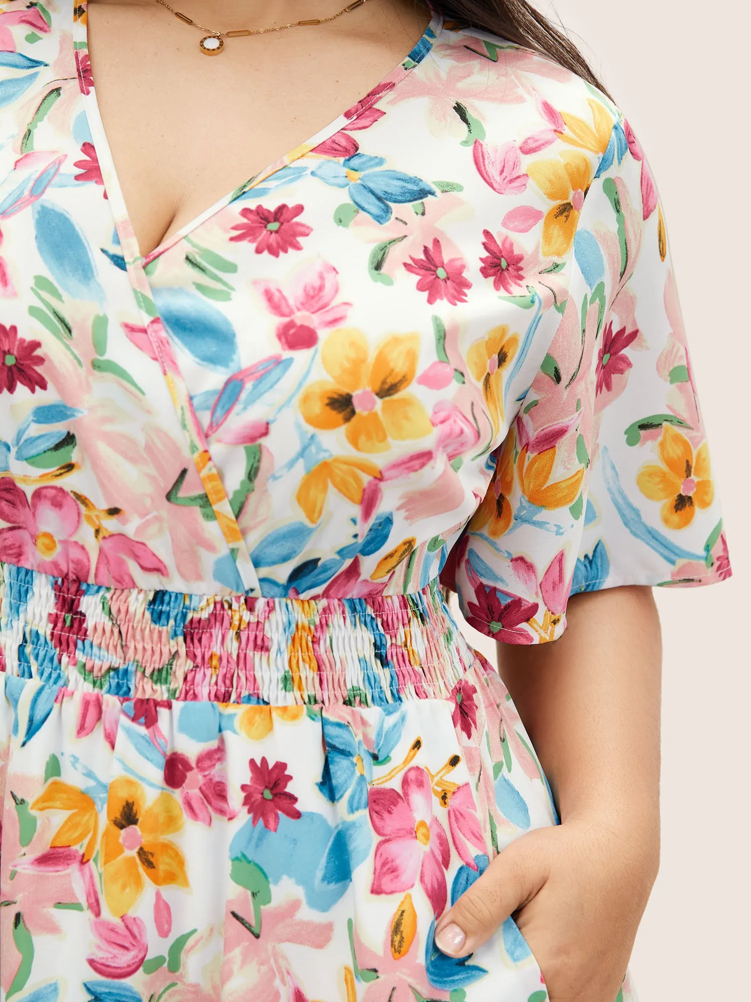Floral Overlap Collar Shirred Ruffle Sleeve Dress sold by Bloomchic product image thumbnail 4