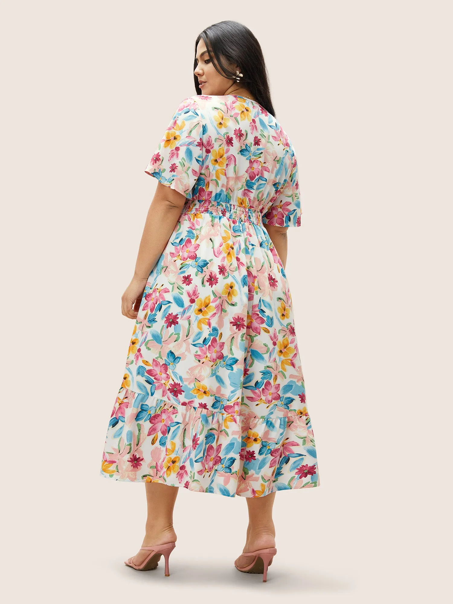 Floral Overlap Collar Shirred Ruffle Sleeve Dress sold by Bloomchic product image thumbnail 2