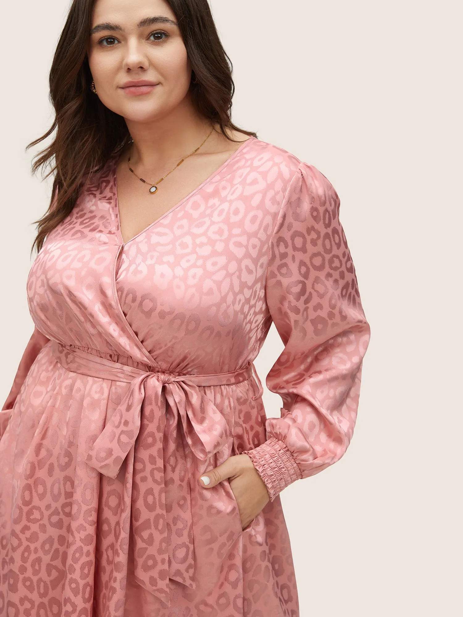 Leopard Shirred Wrap Belted Gathered Dress sold by Bloomchic product image thumbnail 4