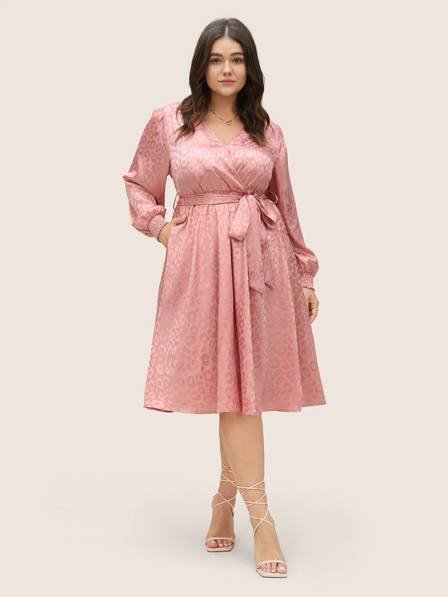 Leopard Shirred Wrap Belted Gathered Dress sold by Bloomchic