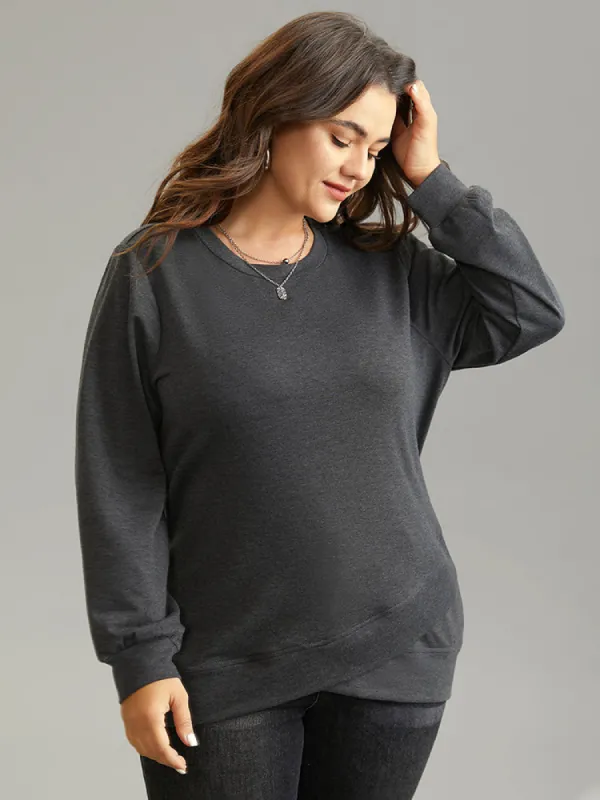 Solid Heather Round Neck Wrap Hem Sweatshirt sold by Bloomchic
