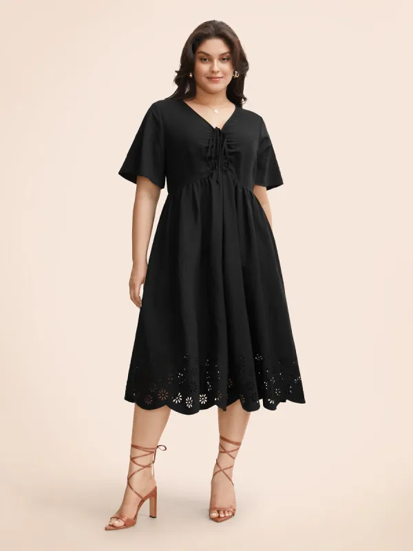 V Neck Drawstring Laser Cut Dress sold by Bloomchic