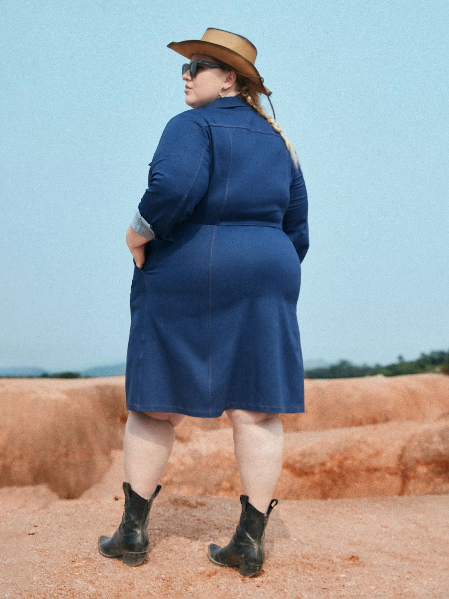 Stretch Denim Chest Flaps Waist Defining Midi Dress sold by Bloomchic product image thumbnail 3