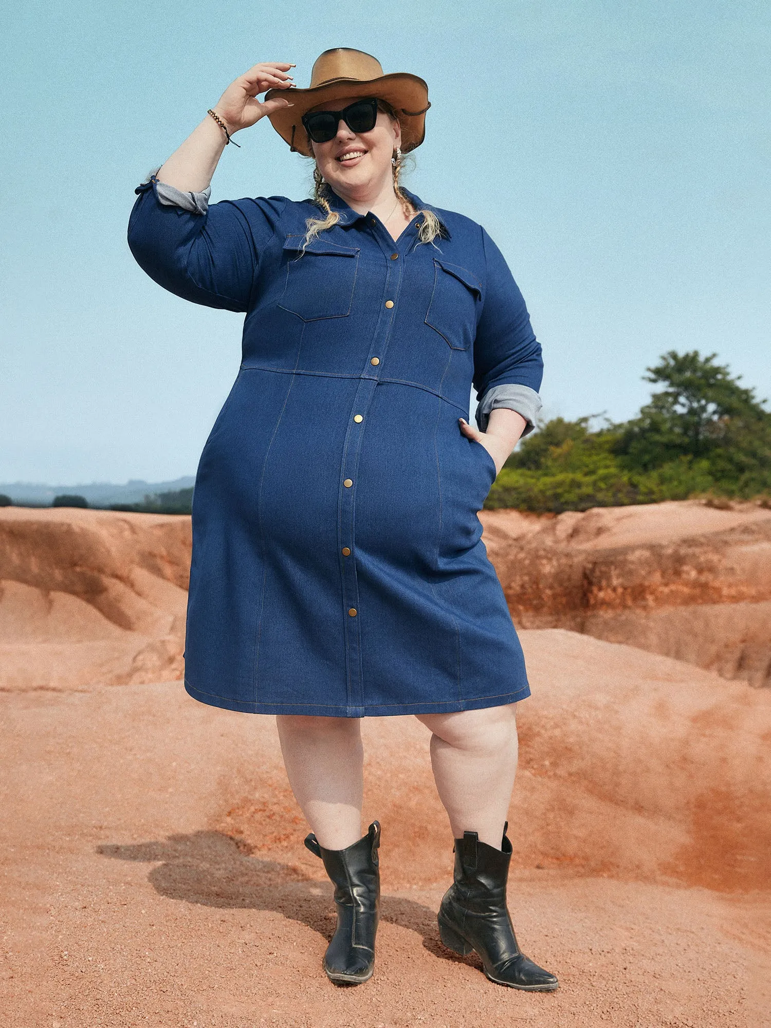 Stretch Denim Chest Flaps Waist Defining Midi Dress sold by Bloomchic product image thumbnail 2