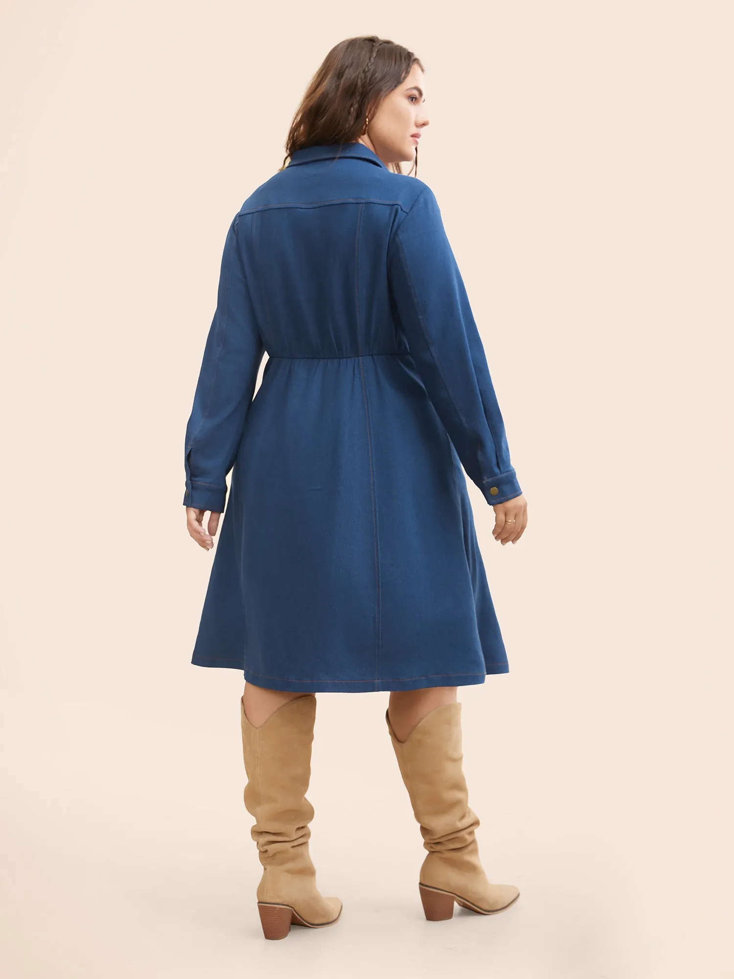 Stretch Denim Chest Flaps Waist Defining Midi Dress sold by Bloomchic product image thumbnail 5