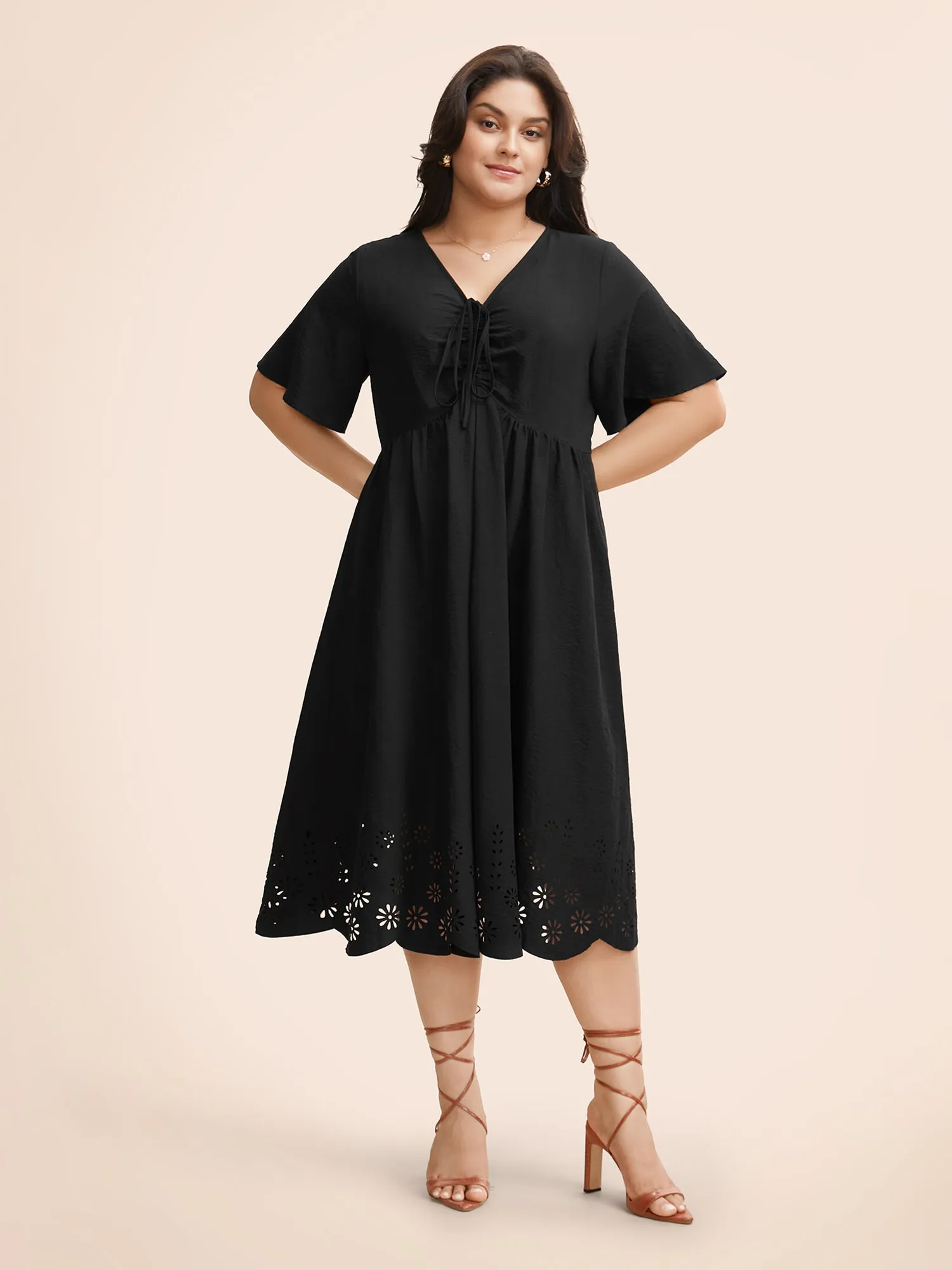 V Neck Drawstring Laser Cut Dress sold by Bloomchic product image thumbnail 2