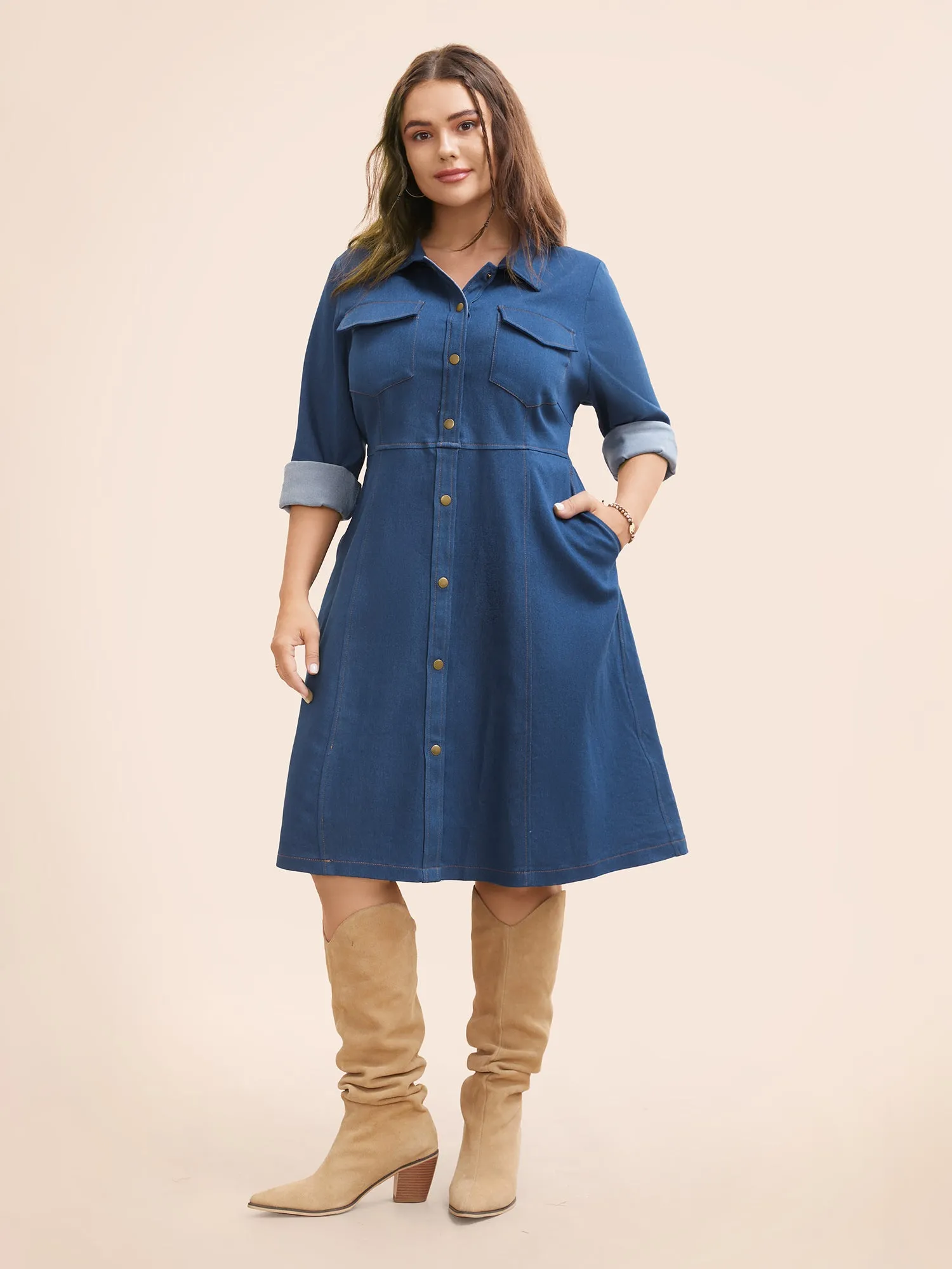 Stretch Denim Chest Flaps Waist Defining Midi Dress sold by Bloomchic product image thumbnail 4