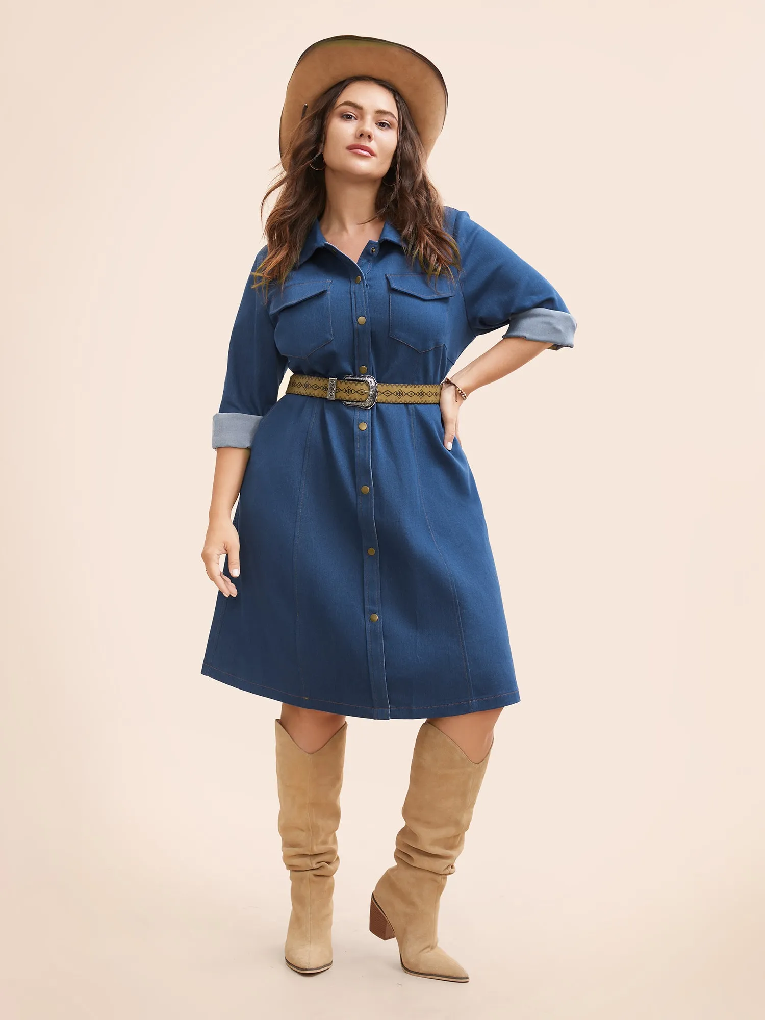 Stretch Denim Chest Flaps Waist Defining Midi Dress sold by Bloomchic