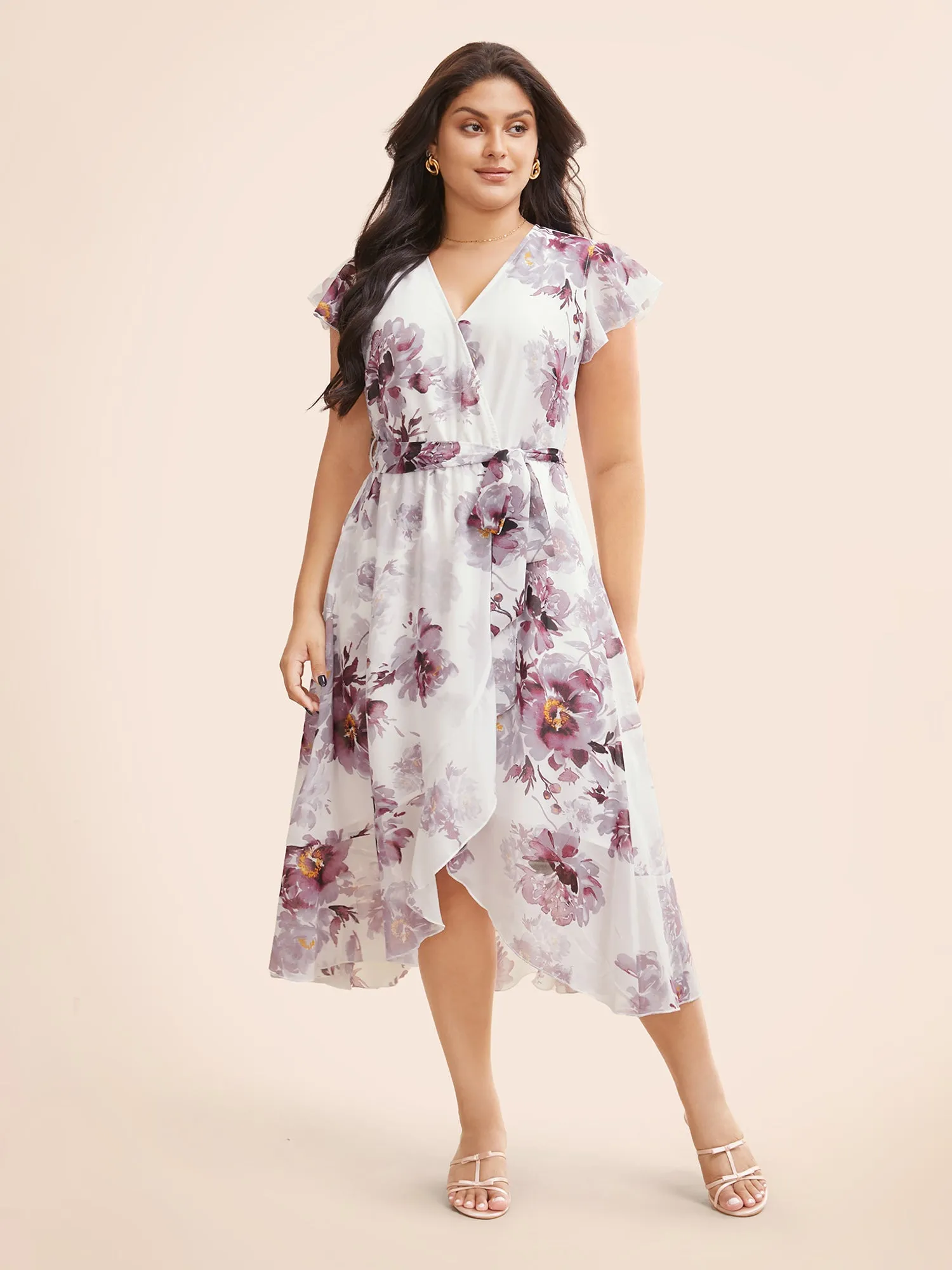 Floral Overlap Collar Ruffle Cap Sleeve Dress sold by Bloomchic