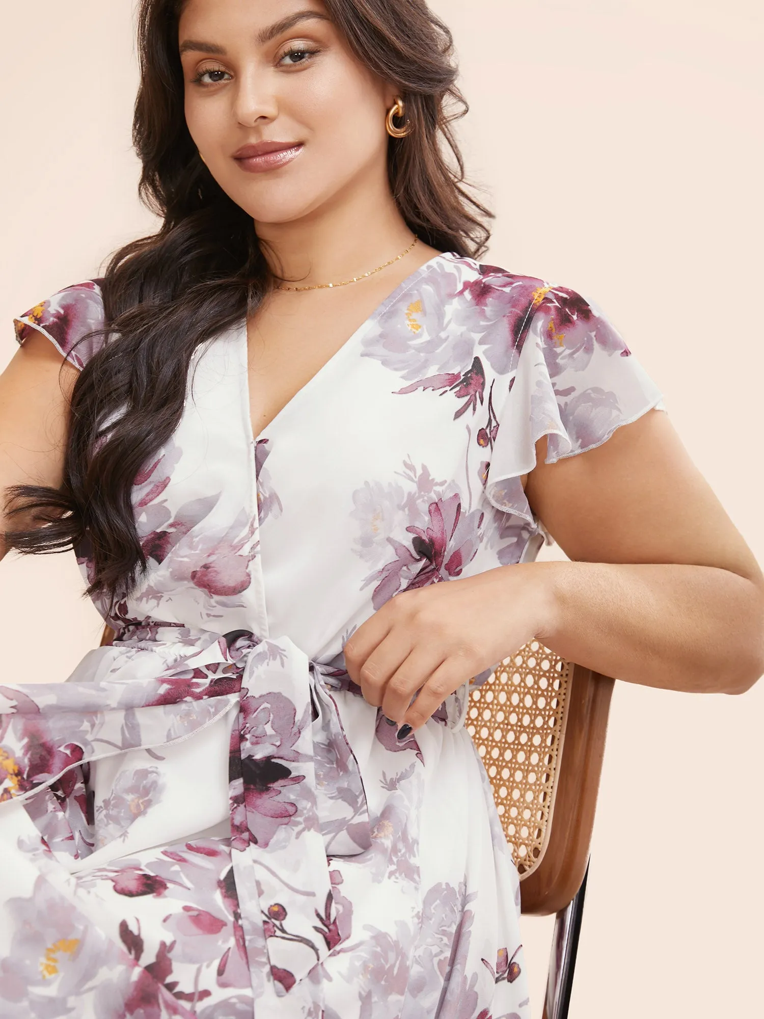 Floral Overlap Collar Ruffle Cap Sleeve Dress sold by Bloomchic product image thumbnail 4