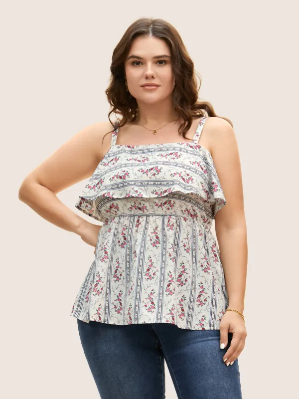 Boho Print Ruffle Trim Elastic Waist Cami Top sold by Bloomchic