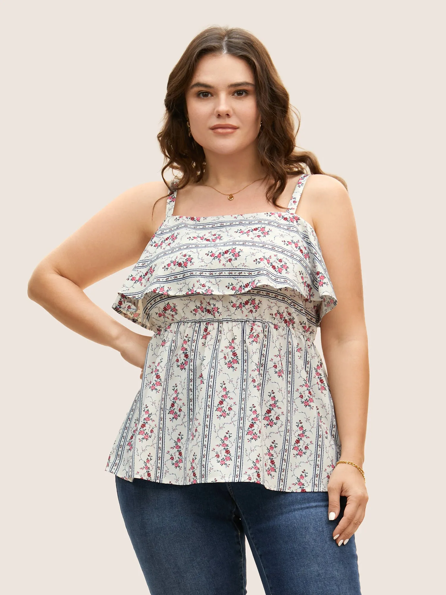 Boho Print Ruffle Trim Elastic Waist Cami Top sold by Bloomchic