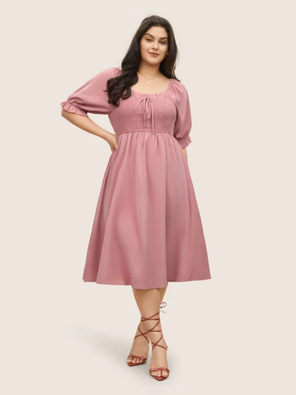 Square Neck Shirred Elastic Waist Ties Dress sold by Bloomchic