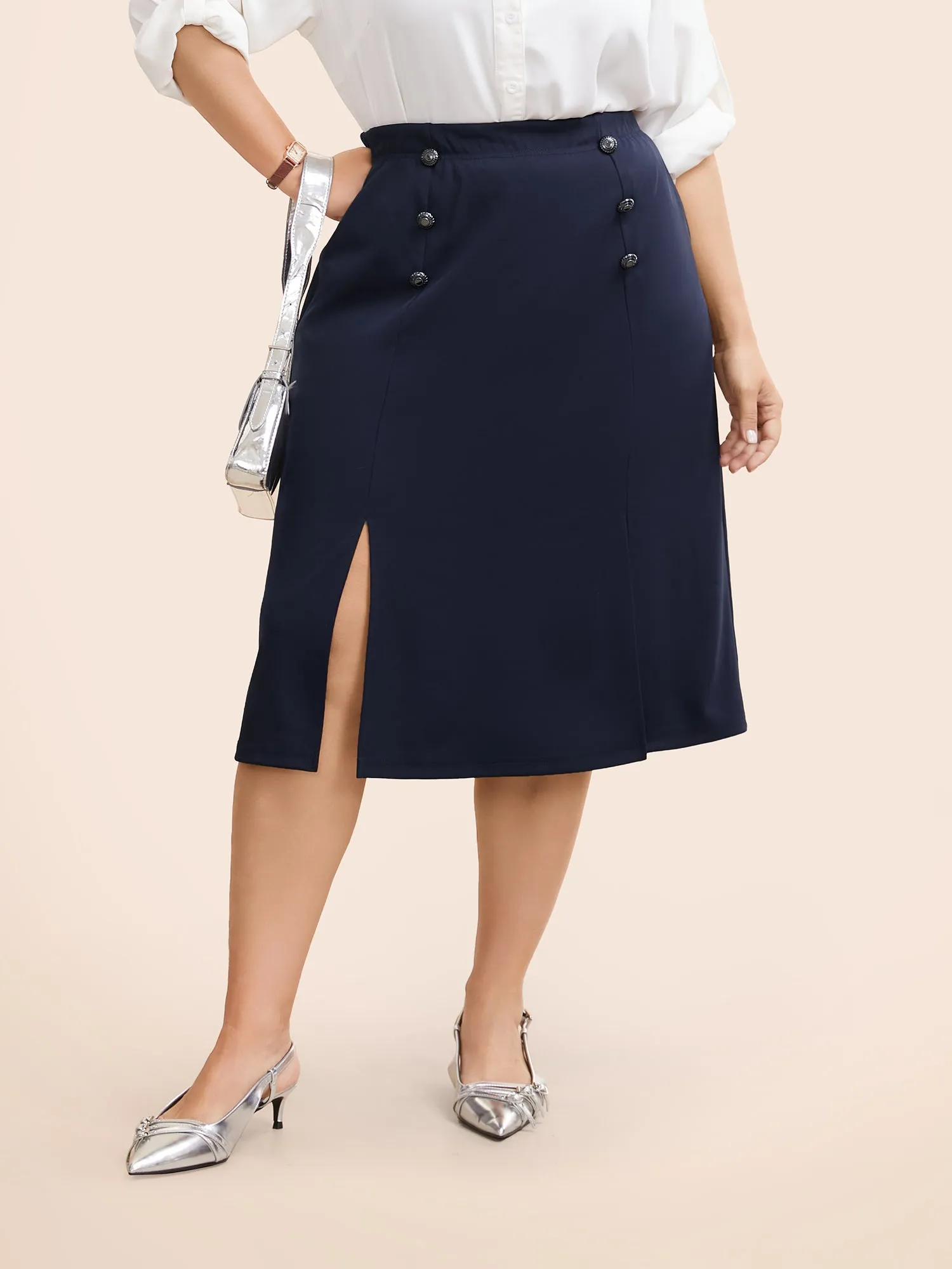 Button Detail Split Hem Medium Stretch Skirt sold by Bloomchic