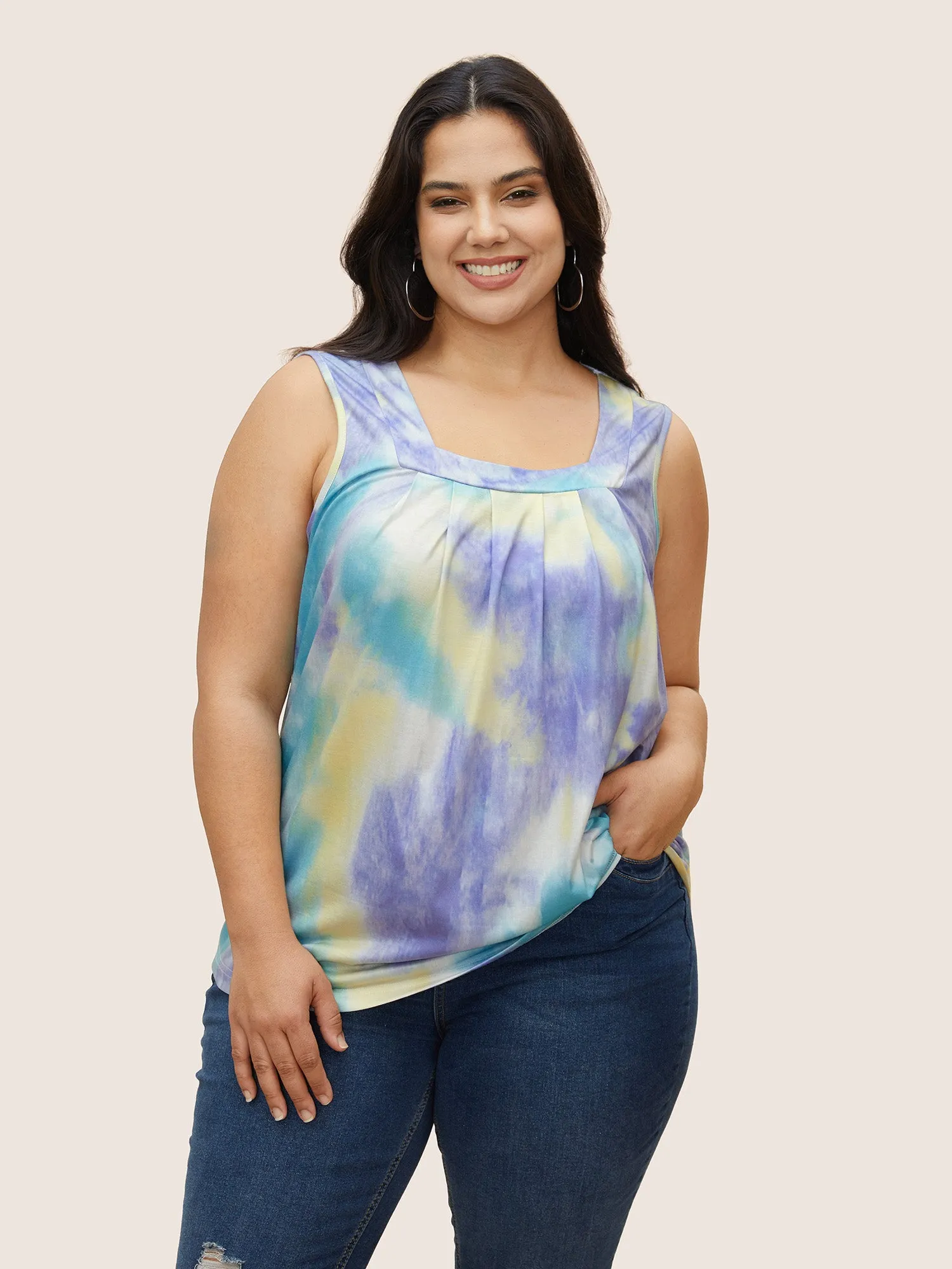 Tie Dye U Neck Pleated Tank Top sold by Bloomchic