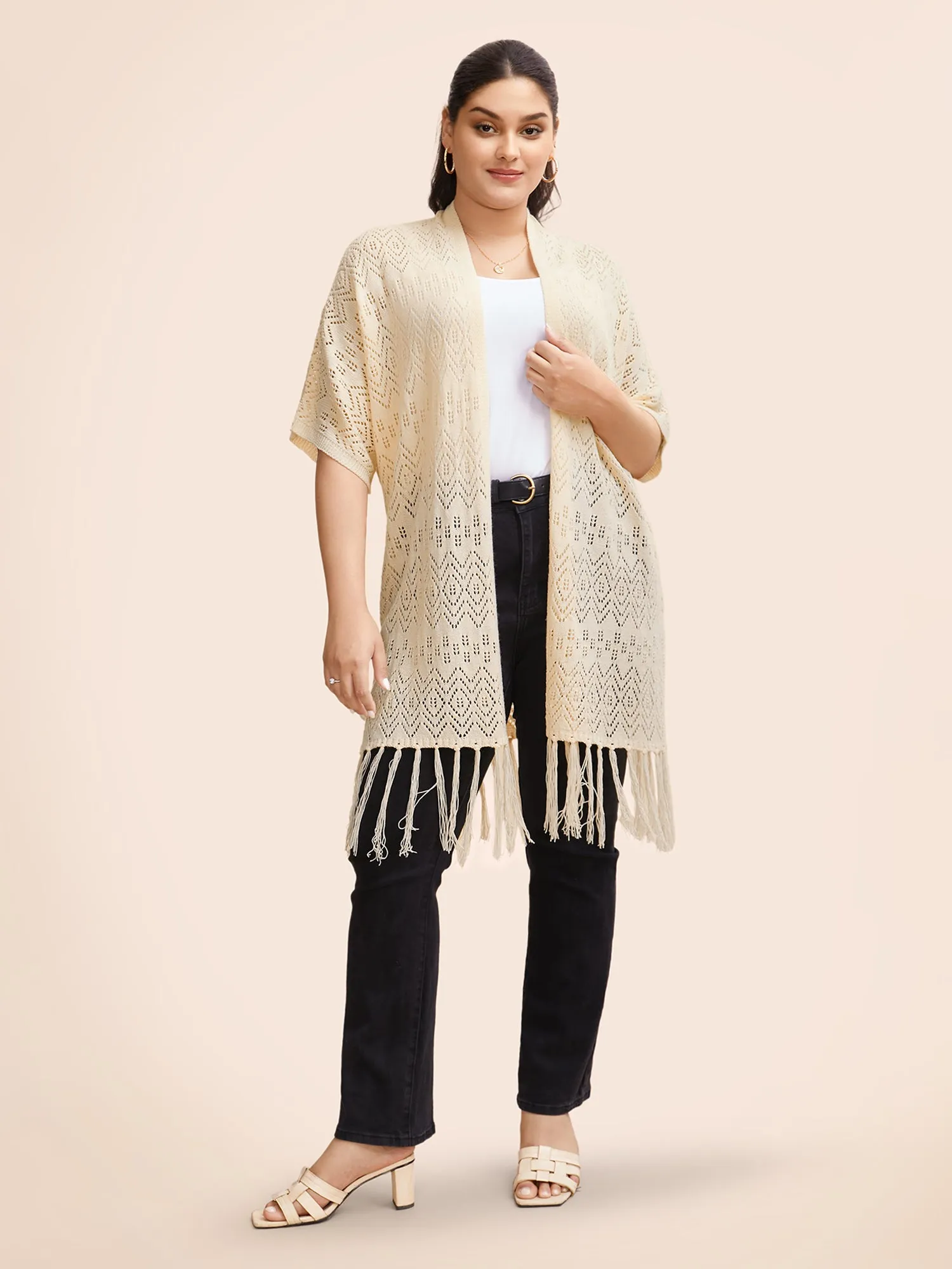 Kimono Collar Cut Out Tassel Trim Cardigan sold by Bloomchic product image thumbnail 3