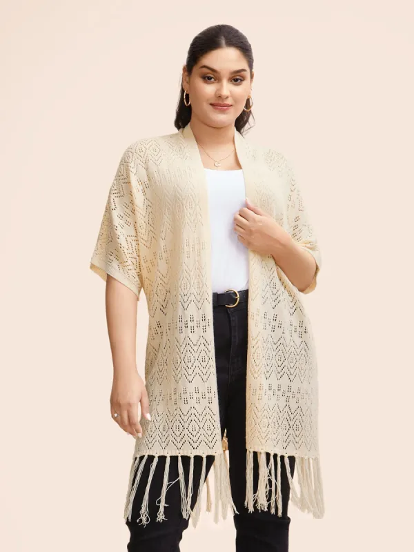 Kimono Collar Cut Out Tassel Trim Cardigan sold by Bloomchic