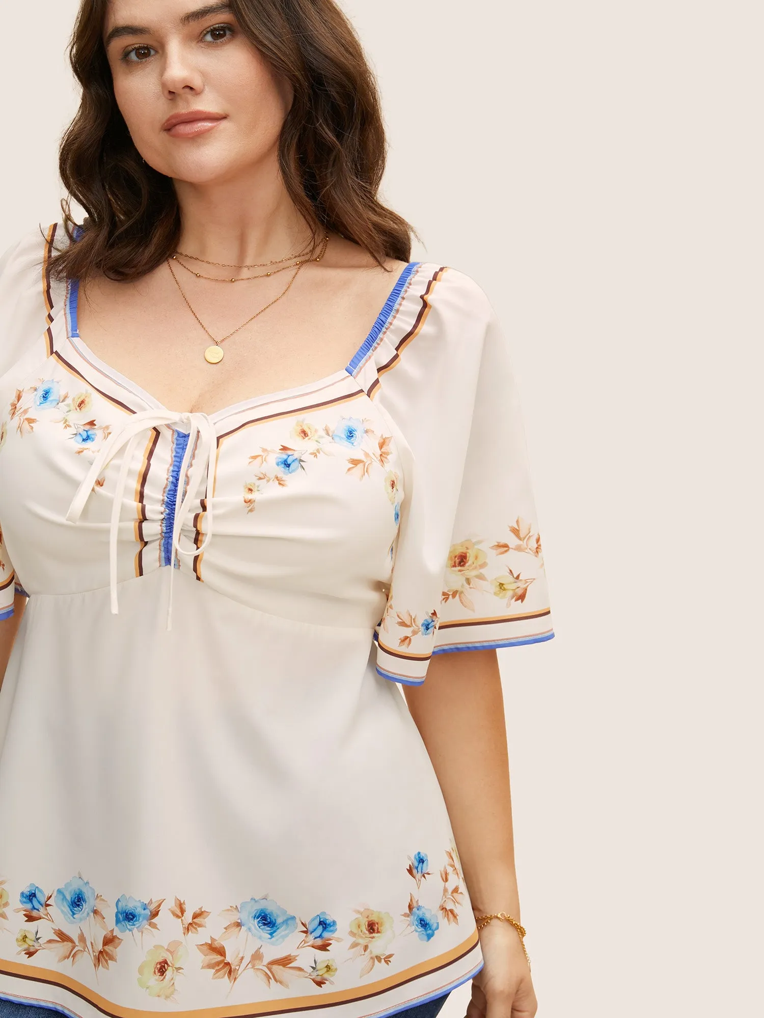 Heart Neckline Boho Print Drawstring Blouse sold by Bloomchic product image thumbnail 3