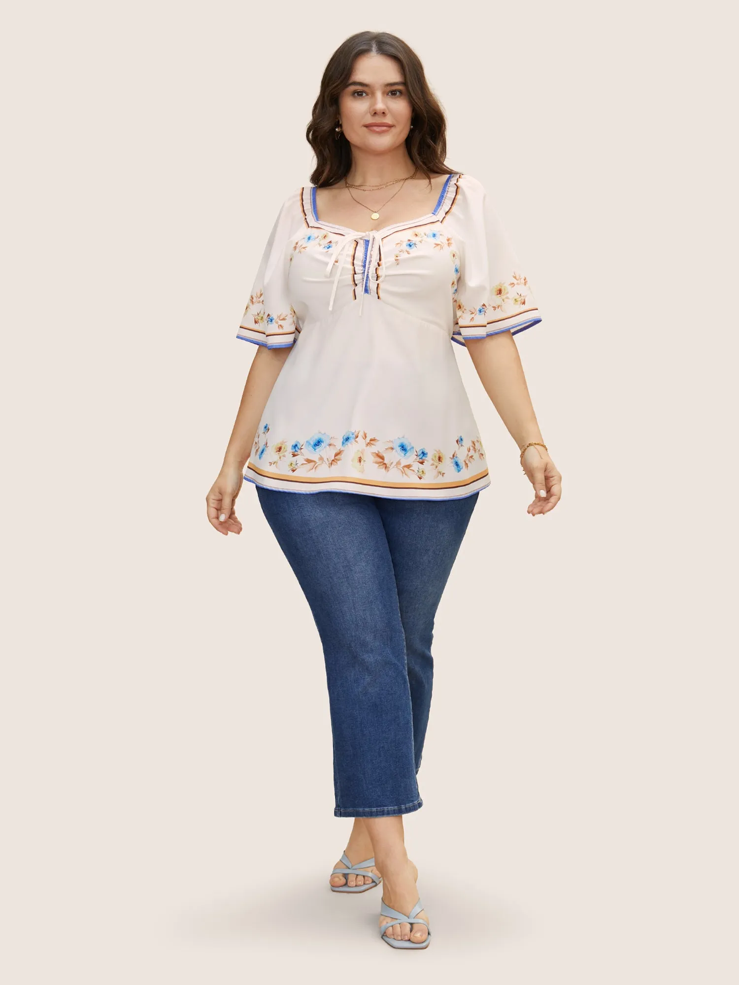 Heart Neckline Boho Print Drawstring Blouse sold by Bloomchic product image thumbnail 2