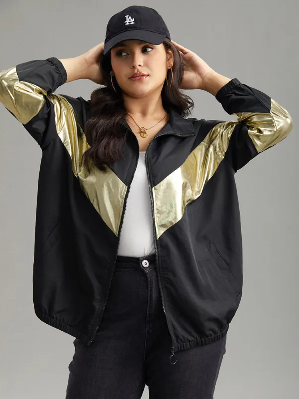 Geometric Patchwork Contrast Zipper Jacket sold by Bloomchic