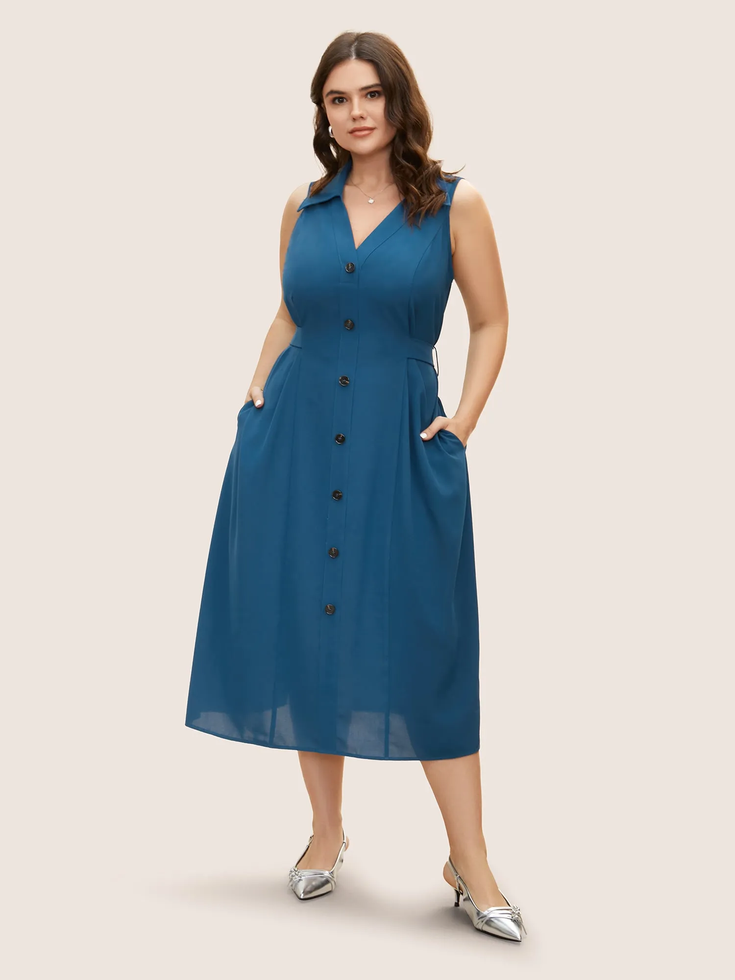 Shirt Collar Button Detail Sleeveless Dress sold by Bloomchic product image thumbnail 3