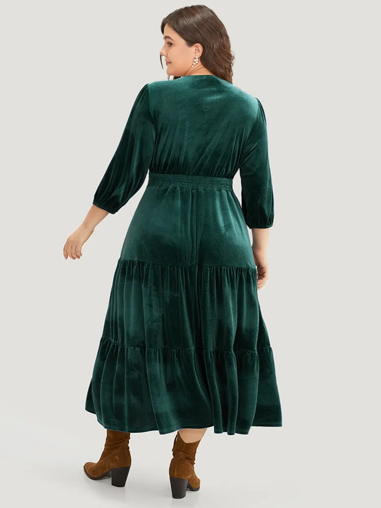 Velvet Solid Notched Shirred Tiered Hem Dress sold by Bloomchic product image thumbnail 3