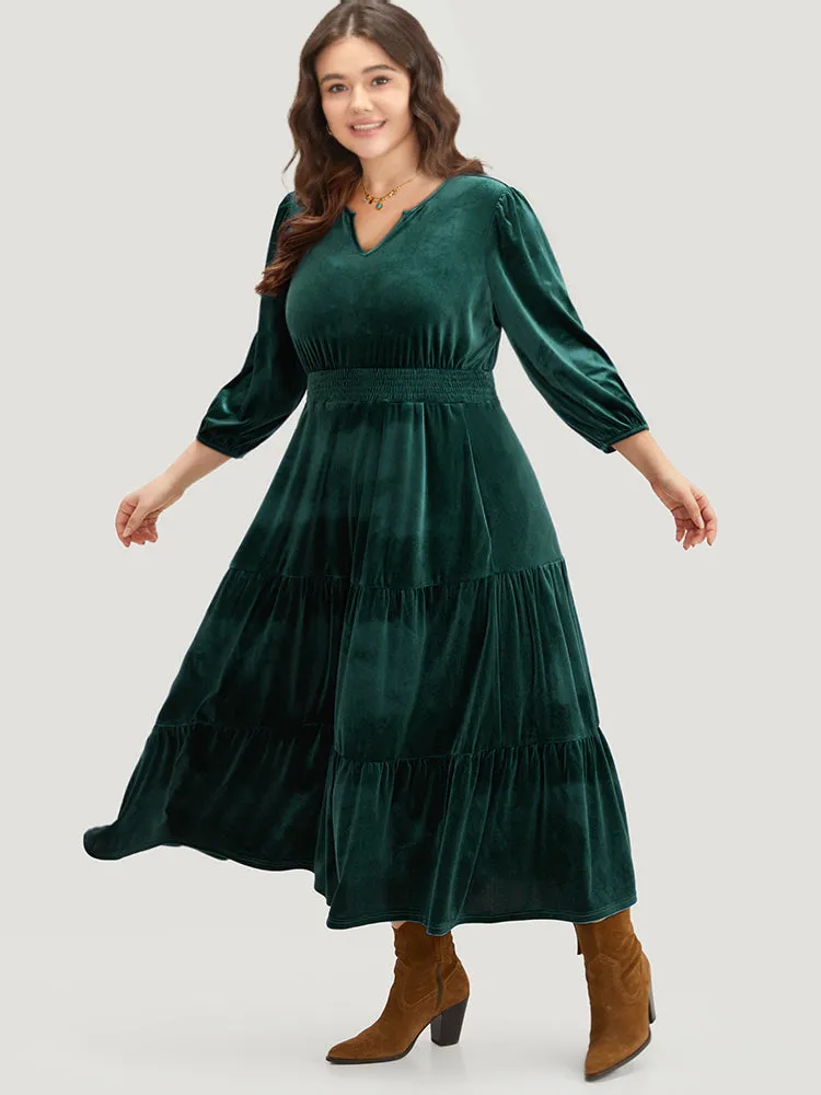 Velvet Solid Notched Shirred Tiered Hem Dress sold by Bloomchic product image thumbnail 4