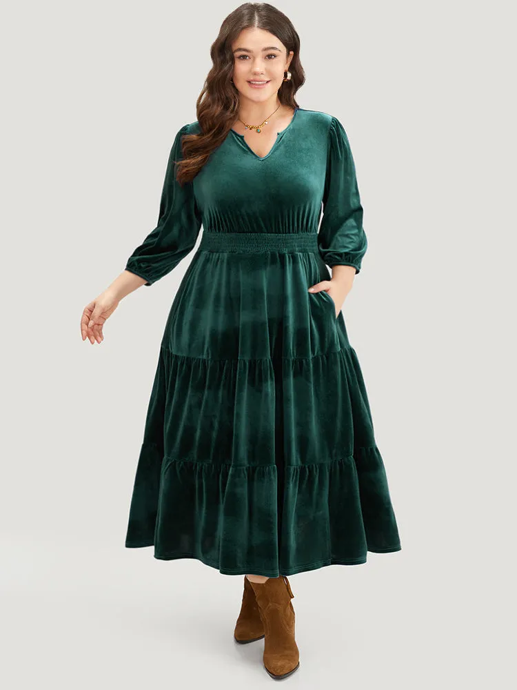 Velvet Solid Notched Shirred Tiered Hem Dress sold by Bloomchic product image thumbnail 2