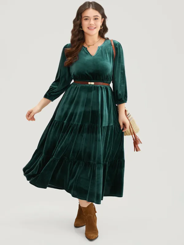 Velvet Solid Notched Shirred Tiered Hem Dress sold by Bloomchic