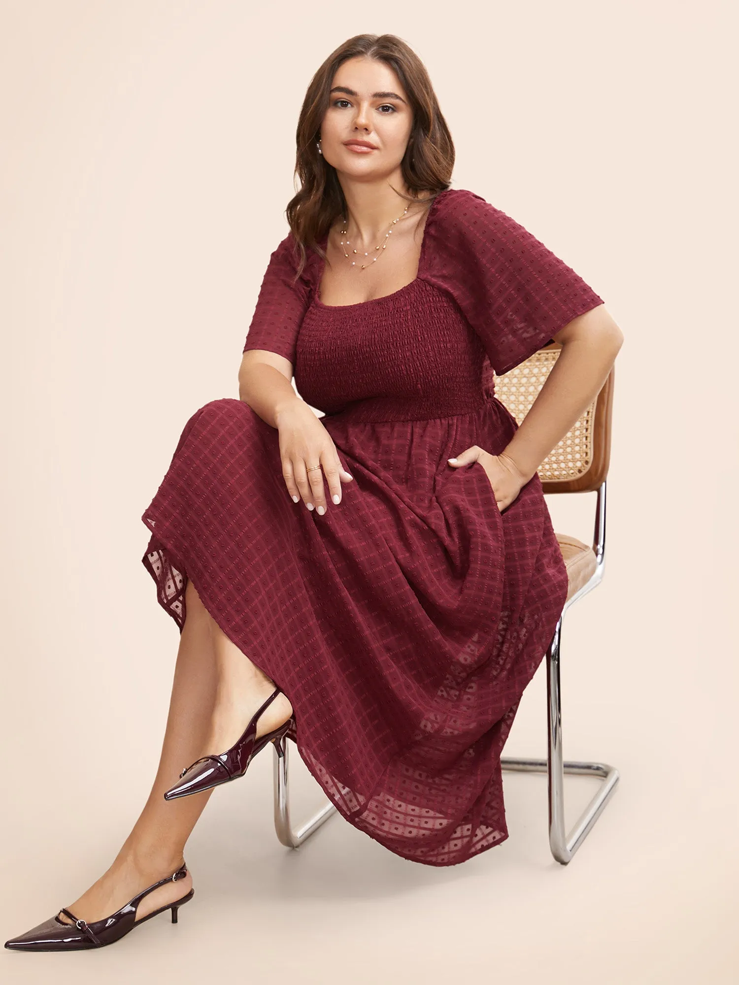 Square Neck Textured Shirred Midi Dress sold by Bloomchic product image thumbnail 3