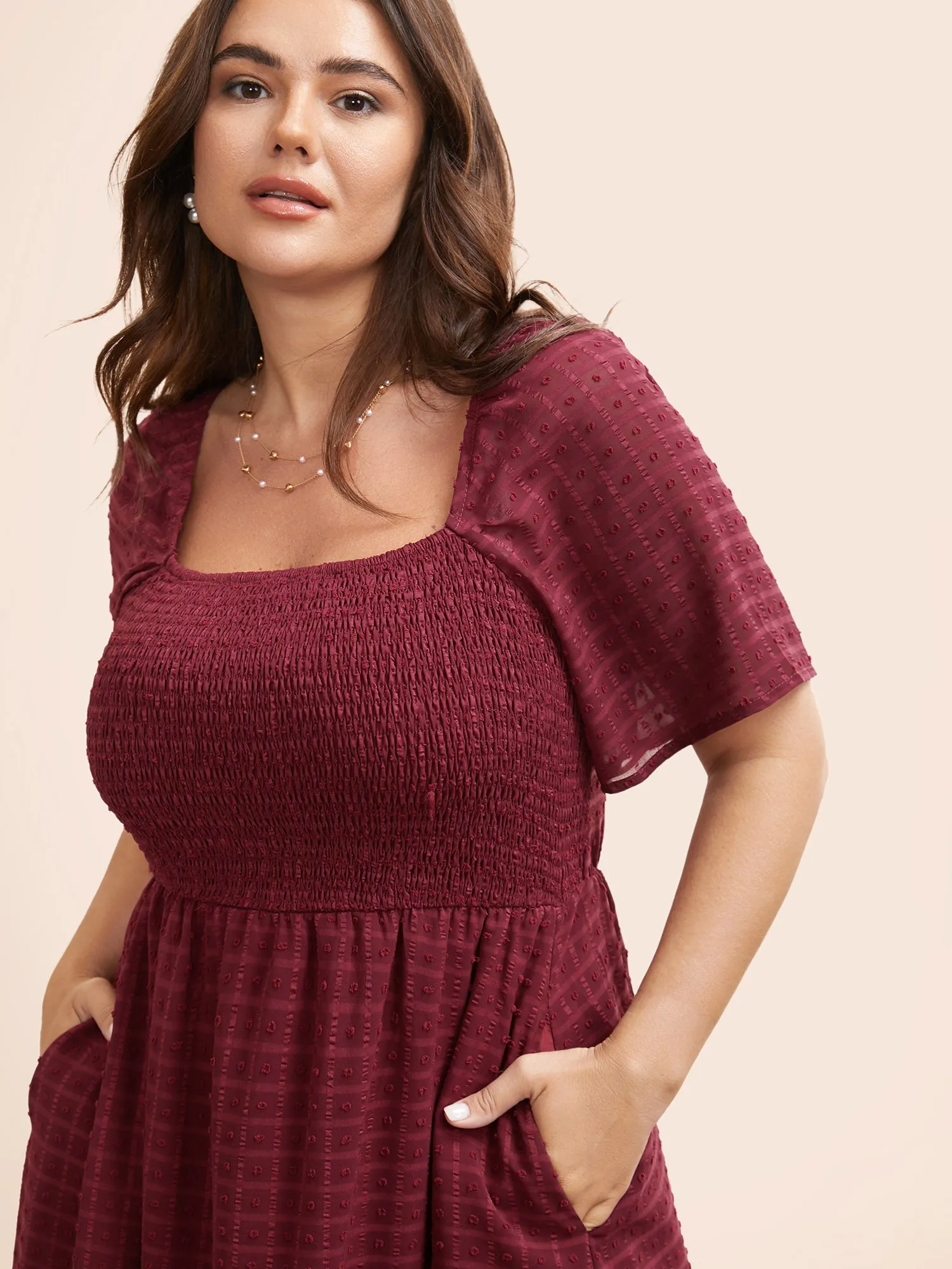 Square Neck Textured Shirred Midi Dress sold by Bloomchic product image thumbnail 2
