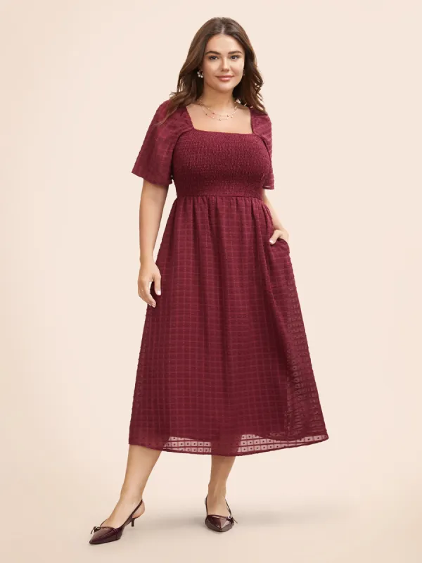 Square Neck Textured Shirred Midi Dress sold by Bloomchic