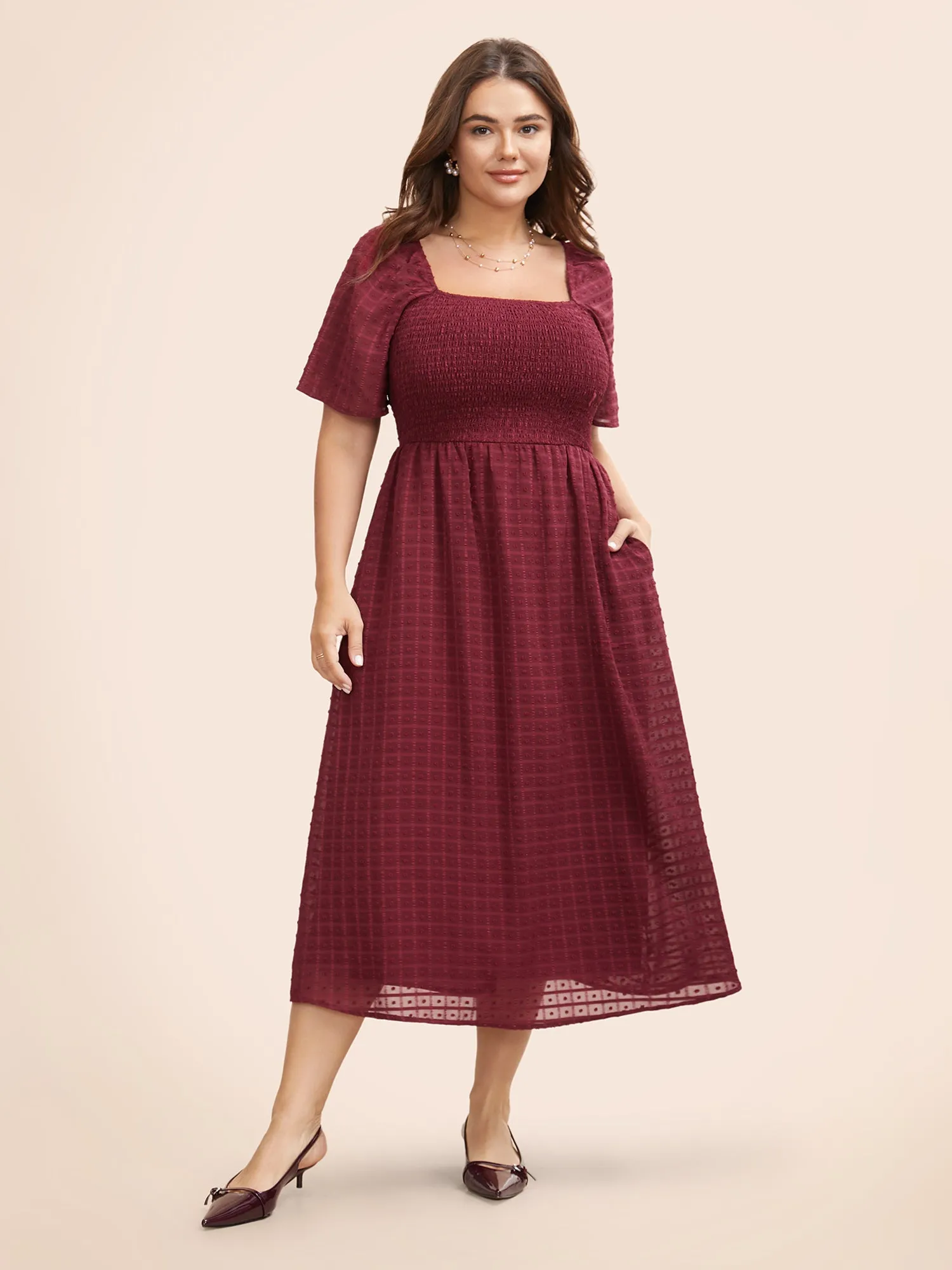 Square Neck Textured Shirred Midi Dress sold by Bloomchic