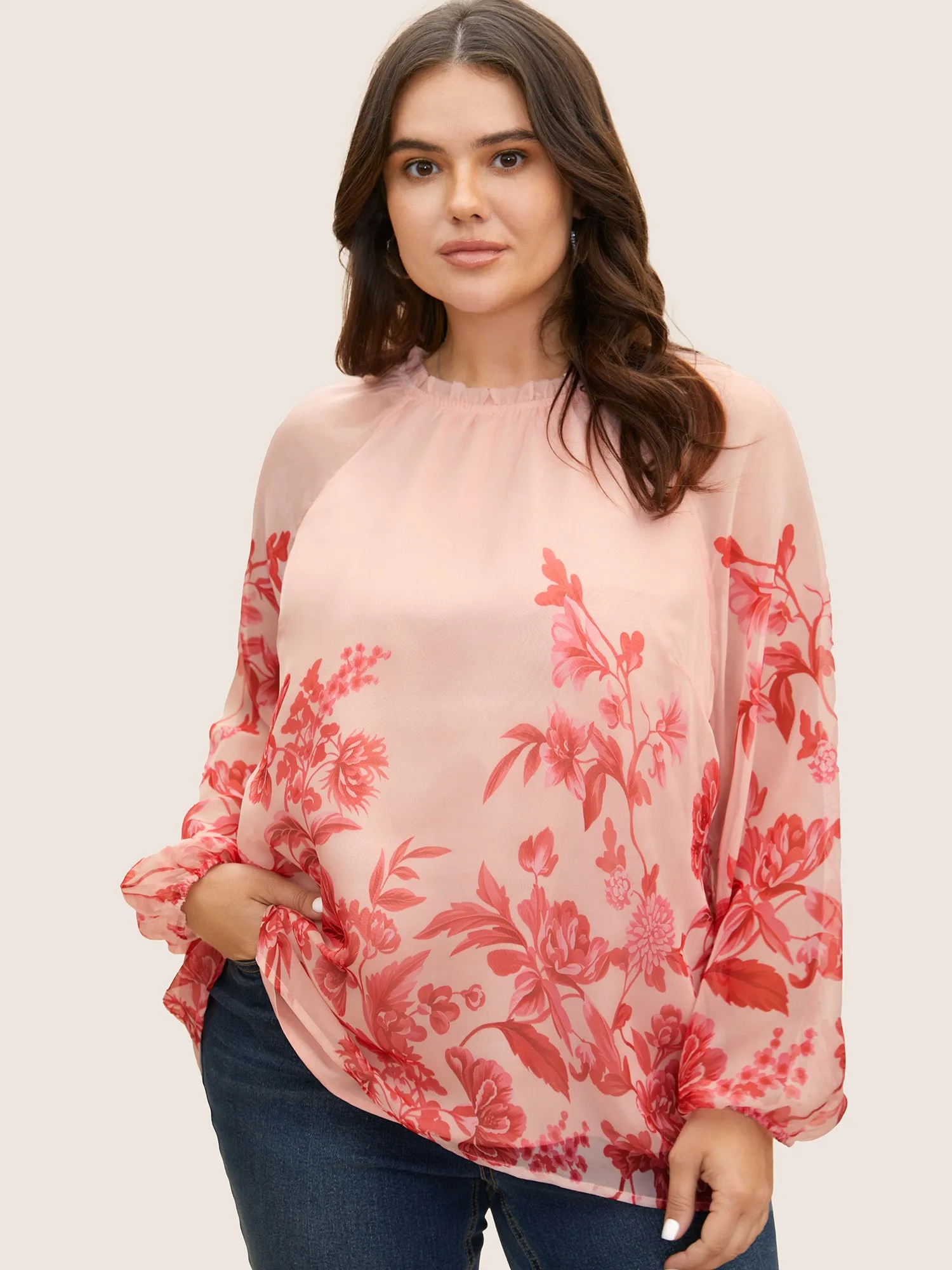 Floral Mock Neck Mesh Lantern Sleeve Blouse sold by Bloomchic product image thumbnail 3