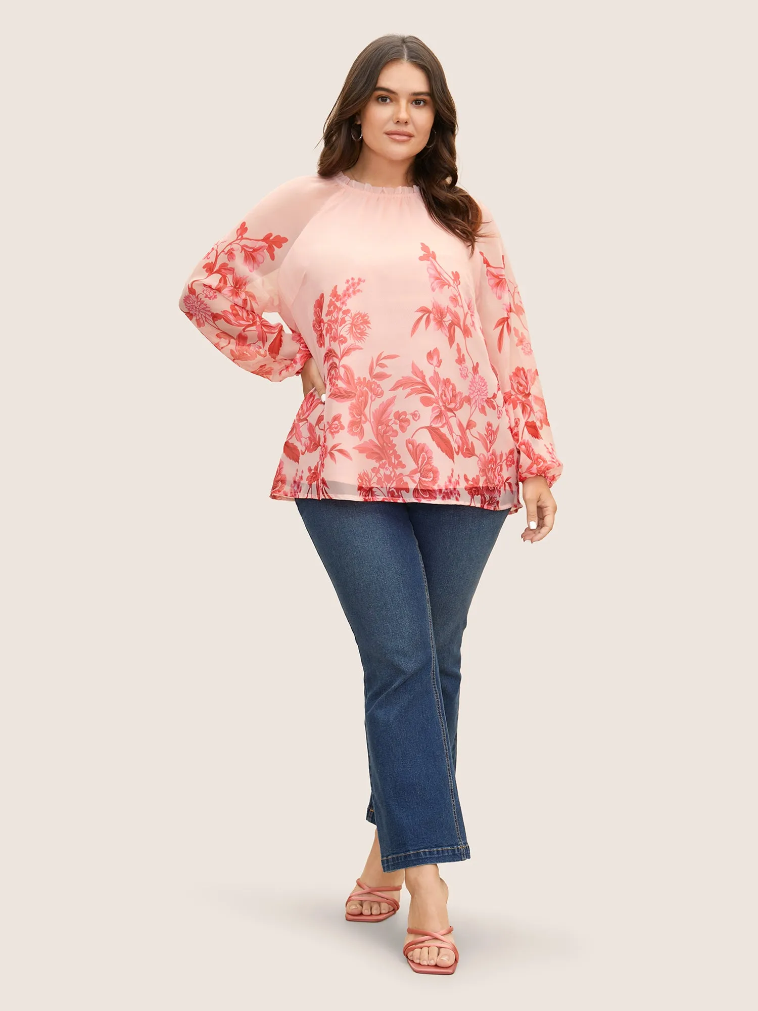 Floral Mock Neck Mesh Lantern Sleeve Blouse sold by Bloomchic product image thumbnail 2