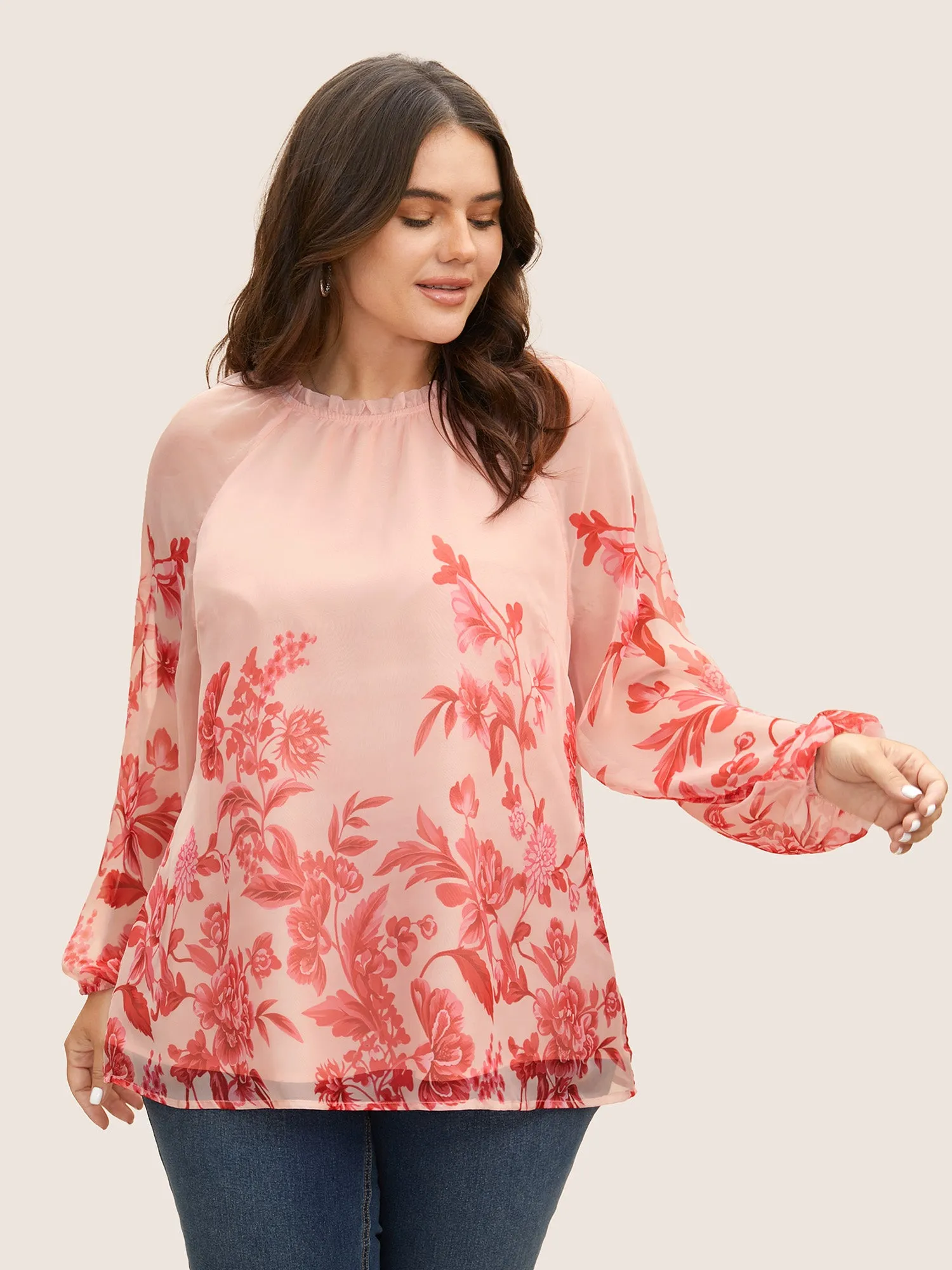 Floral Mock Neck Mesh Lantern Sleeve Blouse sold by Bloomchic