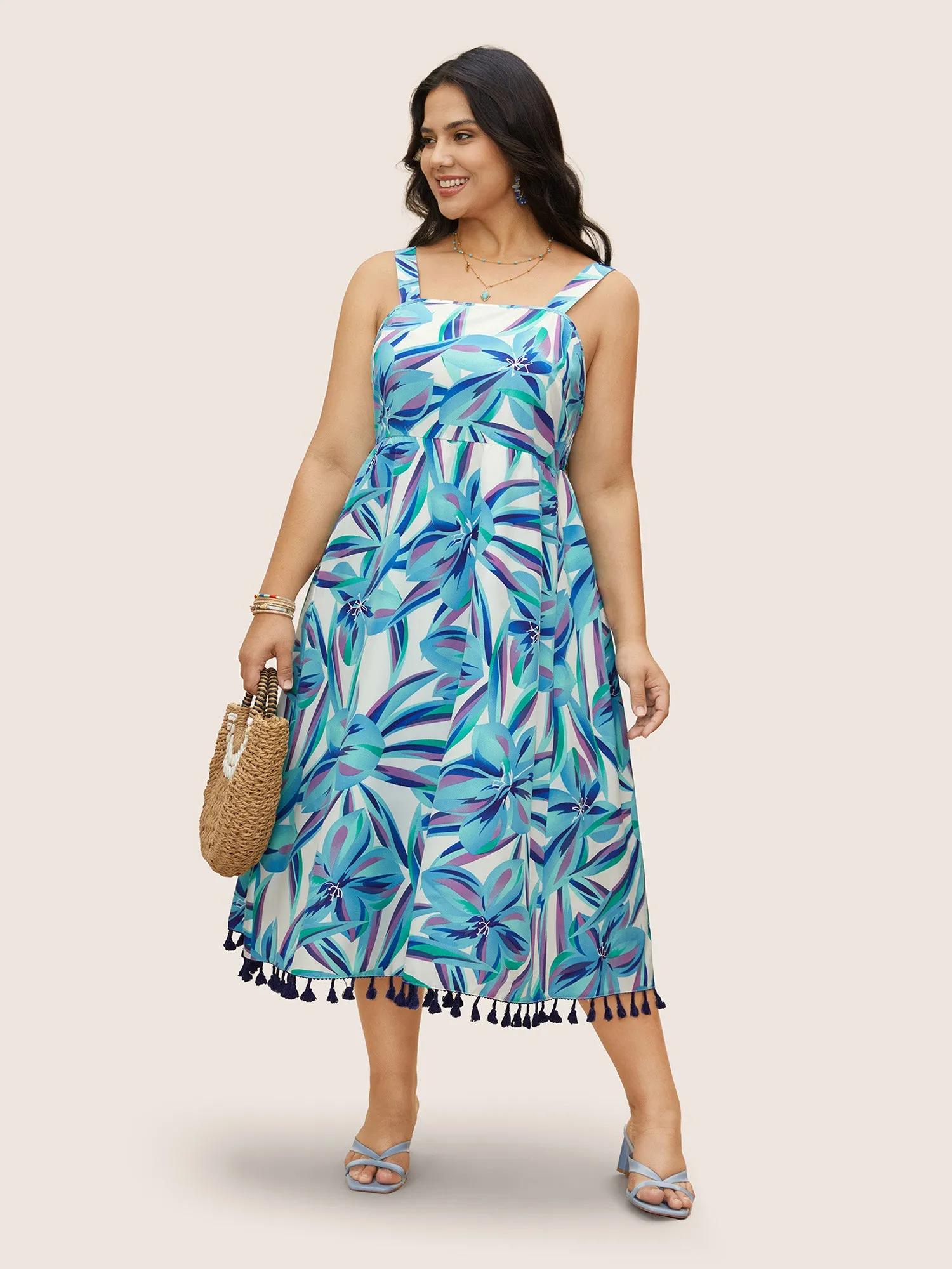 Floral Tassel Trim Elastic Waist Pocket Dress sold by Bloomchic