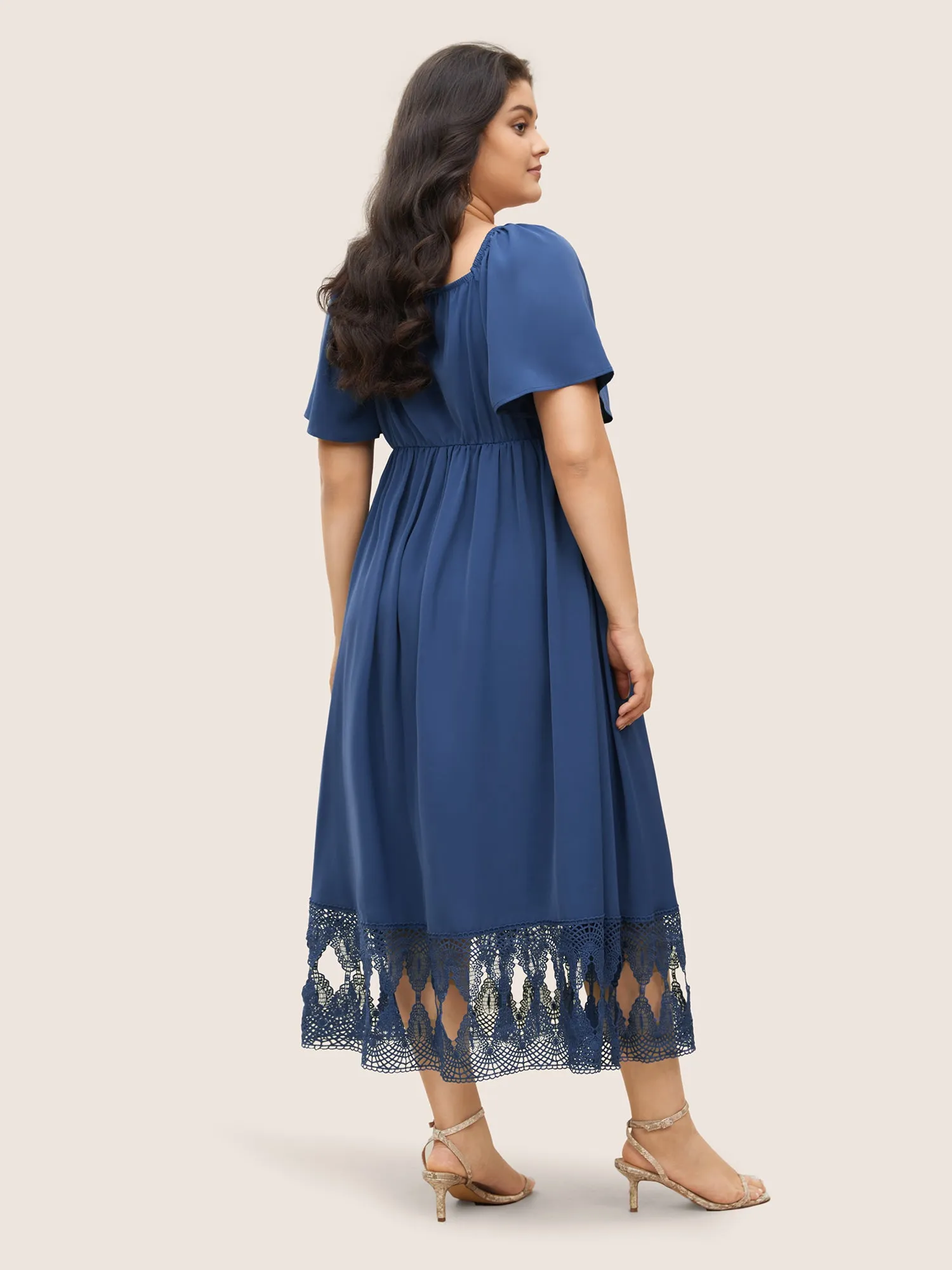 Square Neck Shirred Lace Trim Slit Hem Dress sold by Bloomchic product image thumbnail 3