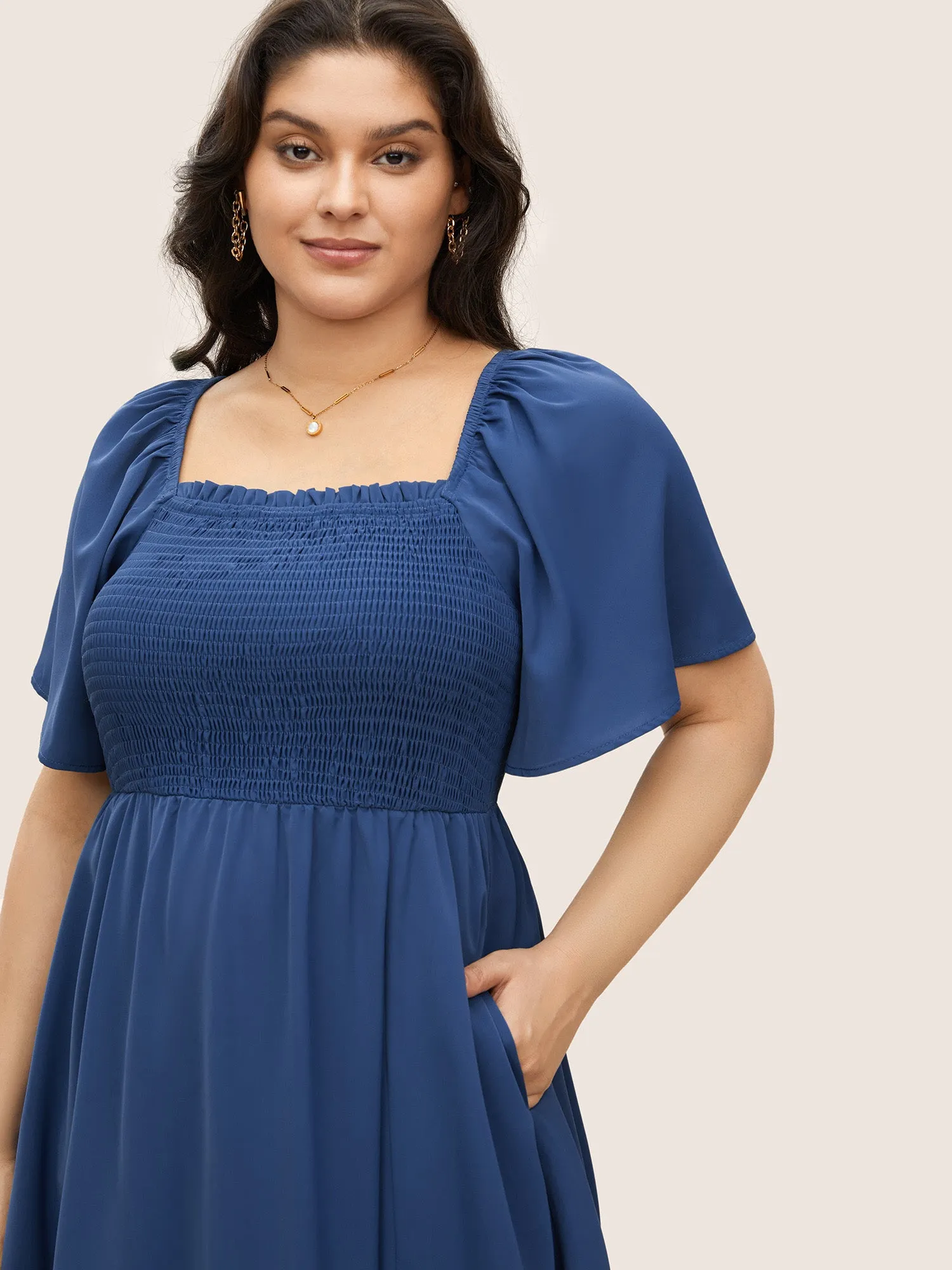 Square Neck Shirred Lace Trim Slit Hem Dress sold by Bloomchic product image thumbnail 4