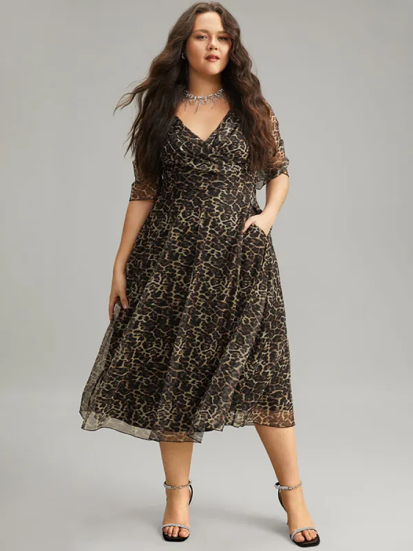 Leopard Print Mesh Patchwork V Neck Dress sold by Bloomchic