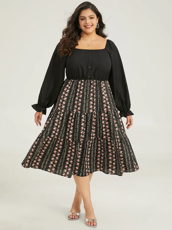 Floral Ruffle Layered Hem Square Neck Dress sold by Bloomchic