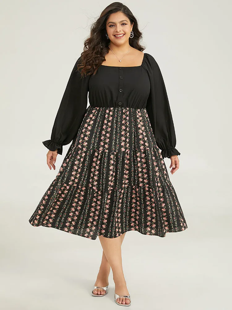 Floral Ruffle Layered Hem Square Neck Dress sold by Bloomchic