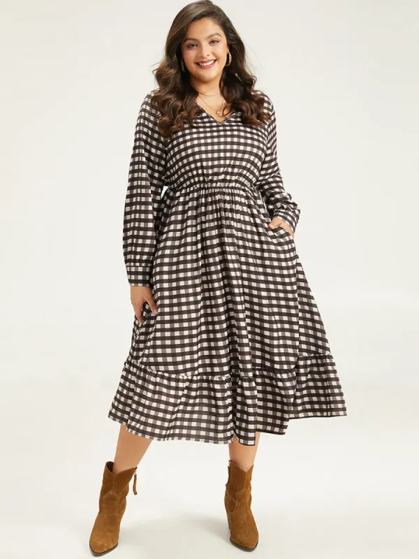 Gingham Pocket Elastic Waist Ruffle Hem Dress sold by Bloomchic