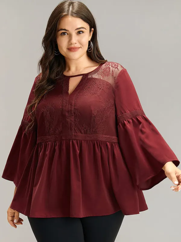 Anti-Wrinkle Keyhole Crochet Lace Mesh Ruffles Blouse sold by Bloomchic