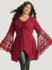 Halloween Solid Mesh Bell Sleeve Ruched Bowknot Blouse sold by Bloomchic