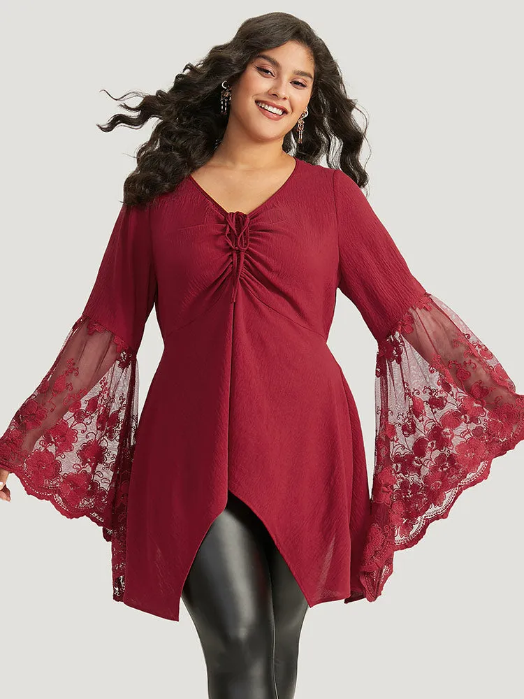Halloween Solid Mesh Bell Sleeve Ruched Bowknot Blouse sold by Bloomchic product image thumbnail 5