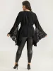 Halloween Solid Mesh Bell Sleeve Ruched Bowknot Blouse sold by Bloomchic
