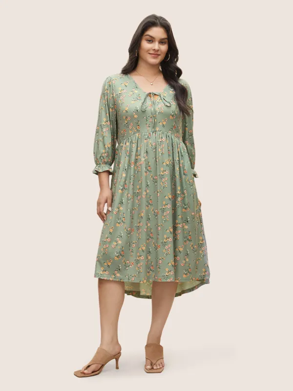 Ditsy Floral Tie Neck Flutter Sleeve Gathered Dress sold by Bloomchic